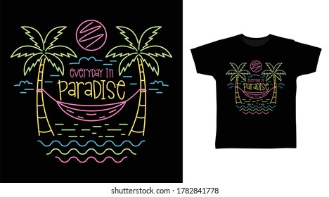 Paradise beach hand drawing neon colors vector with palm tree illustration ready for print on tees.