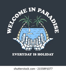 Paradise in beach with hand skull vector illustration