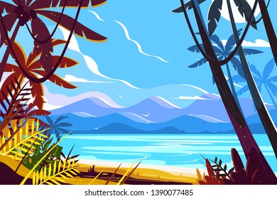 Paradise beach landscape vector illustration. Picturesque view of tropical palm trees amazing seashore on mountain background flat style design. Heavenly place. Summer vacation concept