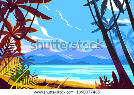 Paradise beach landscape vector illustration. Picturesque view of tropical palm trees amazing seashore on mountain background flat style design. Heavenly place. Summer vacation concept
