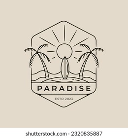 paradise beach line art logo design with surf board and sun burst minimalist style logo vector illustration design