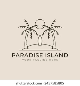 paradise beach logo line art with surf board, island vector illustration minimalist template design