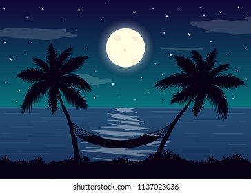 Paradise beach at night. Silhouette of hammock under the palm trees. Vector illustration.