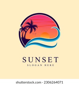 diseño del vector del logotipo de la playa paradisiaca o de la puesta del sol en el océano