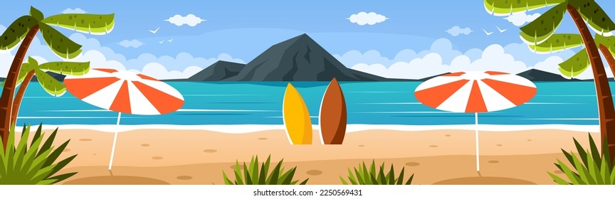 Paradise beach with palm trees and surfboards. Colorful seascape with mountains. Vector graphics