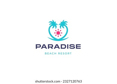 Paradise beach resort island palm tree sun summer travel vacation agency logo design template vector
