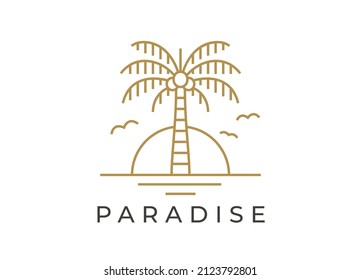 Paradise beach resort logo. Palm tree line icon. Tropical summer seaside vacation travel sign. Vector illustration.