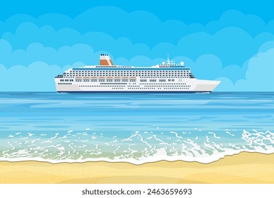 Paradise beach of the sea with cruise ship. Tropical island resort. Vector illustration in flat style