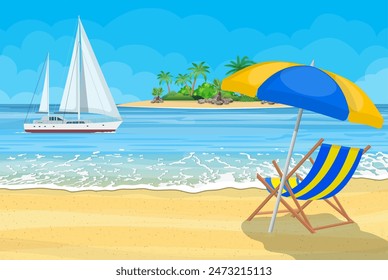 Paradise beach of the sea with yachts and palm trees. Tropical island resort. Vector illustration in flat style