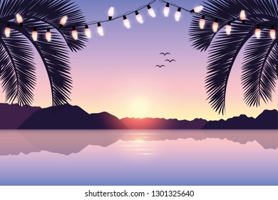 paradise beach summer holiday postcard design with fairy lights vector illustration EPS10