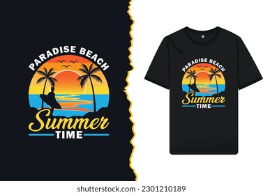 Paradise Beach Summertime t-shirt design template. Simple design for the summer with a Sea, sun, bird, Palm tree, and Surfboard silhouette.