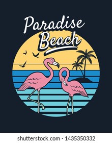 Paradise beach text with flamingo, birds and palm trees. Vector illustration for t-shirt print and other uses.