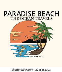 Paradise beach .The ocean travels.palm trees and waves vector illustrations. For t-shirt prints and other uses.
