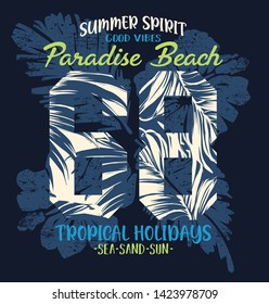 Paradise beach tropical summer holiday college style vector print for t shirt with number leaves and hibiscus flowers