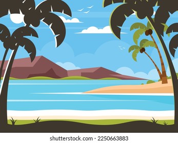 Vector de playa paraíso. Vistas al mar. Palmeras tropicales en la orilla del mar en el fondo de la montaña. Vacaciones de verano. Gráficos vectoriales