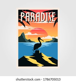 paradise beach vintage poster vector pelican bird illustration design