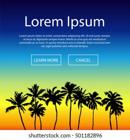Paradise. Beautiful sunset scene with palm trees. Vector illustration. Concept summer beach holiday. Summer time.