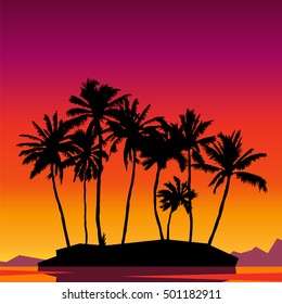 Paradise. Beautiful sunset scene with palm trees. Vector illustration. Concept summer beach holiday. Summer time.