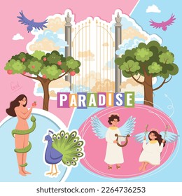 Paradise bible composition with collage of flat images with heaven gates apple of discord and angels vector illustration