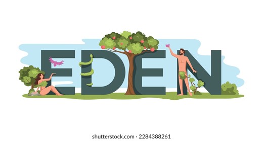 Paradise bible composition of flat text surrounded by tale scene of adam and eve with apples vector illustration