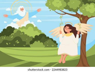 Paradise bible flat composition with outdoor view of angel on swing and god character in heaven vector illustration