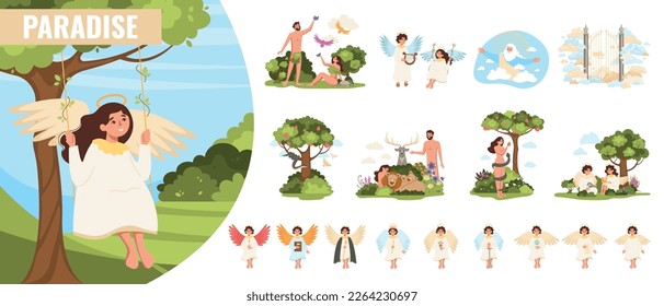 Paradise bible flat composition with summer scenery angel character and isolated icons of holy tale scenes vector illustration