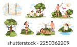 Paradise bible flat set with isolated compositions of adam and eve scenes with angels and trees vector illustration