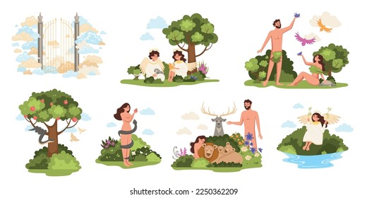 Paradise bible flat set with isolated compositions of adam and eve scenes with angels and trees vector illustration