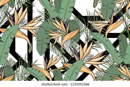 Paradise bird flower, palm leaves and exotic flowers composition. Vector illustration. Botanical seamless background. Digital nature art.