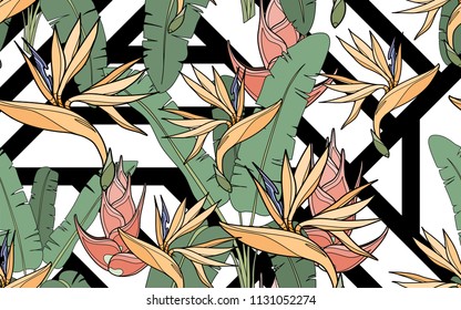 Paradise bird flower, palm leaves and exotic flowers composition. Vector illustration. Botanical seamless background. Digital nature art.