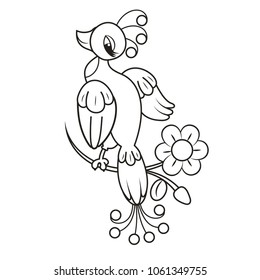 Paradise bird sitting on a flowering branch.
Black and white vector illustration.Coloring book pages for children.  Cartoon character.