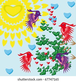 Paradise birds on a love tree.Illustration.