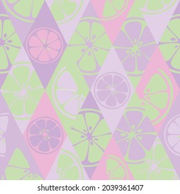Paradise citrus fruits fabric textile in pastel colours. Beauty purple pink seamless pattern. Vector illustration of lime, pomelo, grapefruit, lemon.