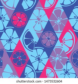 Paradise citrus neon fruits fabric textile. Multicolor blue seamless pattern. Vector illustration of lime, pomelo, grapefruit, lemon.