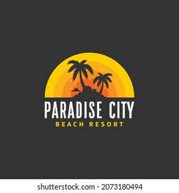paradise city silhouette of palm tree with cloud, sunburst and stars