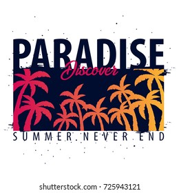 Paradise Discover graphic with palms. T-shirt design and print