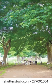Paradise farm vector with a big tree and goats. Nature life.