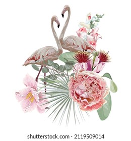 Pájaros flamencos con flores de jardín rosadas. Composición de plantilla de tarjeta. Ilustración de diseño detallada. San Valentín. Boda. Cartel. Papel de camiseta.