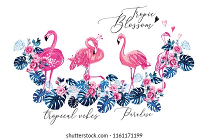 Paradise flamingo flowers, tropical birds in princess crown. Watercolor t-shirt design. Vector wild nature decoration on white background. Colorful hand drawn illustration for apparel.