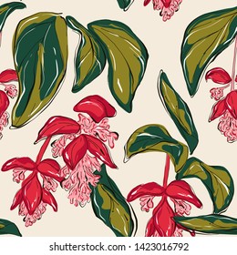 Paradise Blumen Muster, rote und weiße, lange Blätter auf hellbeigem Hintergrund. Hawaii-tropischer Hintergrund