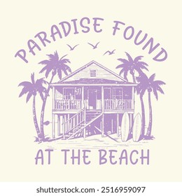 Paraíso encontrado en la playa, texto del eslogan del club de surf Sunrise, Hawaii surf co, en la tipografía del texto del surf del verano, camiseta retro del mar del surf de la palmera tropical, texto de Florida con el Vector de las palmeras 