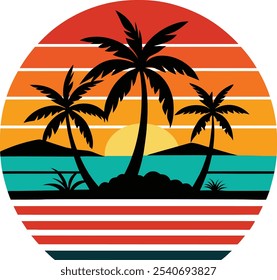 Silueta "Paradise Found" sobre un fondo vintage retro. Este versátil Clipart es perfecto para varios proyectos de diseño, incluidos logotipos, marcas e ilustraciones que evocan una sensación de tra