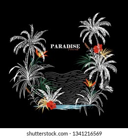 "Paradise found" Summer background with dark tropical and hibiscus flowers for holiday, vacation design on black  background.Elegant floral vector design for Tshirt and all graphic 