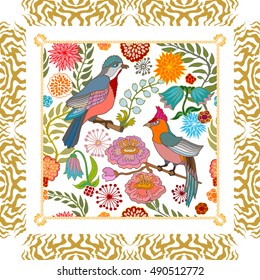 Jardín de paraísos. Patrón de bufanda de seda con flores, hojas de sauce y pájaros fantasmas. Motivos chinos, japoneses, coreanos. Colección textil de época. Blanco.
