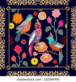 Paradise garden. Silk scarf pattern with flowers, willow leaves and fantasy birds. Chinese, Japanese, Korean motifs. Vintage textile collection. Black. 
