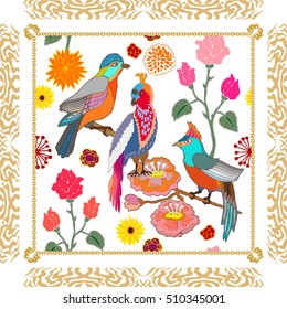 Paradise garden. Silk scarf pattern with flowers, willow leaves and fantasy birds. Chinese, Japanese, Korean motifs. Vintage textile collection. White. 
