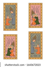 Paradise garden. Thousand and One Nights. Fairy tales and legends of the Middle East. Medieval miniature. Mughal art. Ancient civilization murals. Ottoman Empire book miniature. Persian frescoes