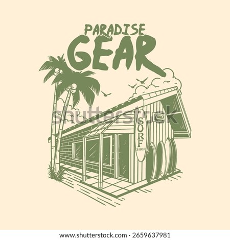PARADISE GEAR SURF SHOP vector vintage surf logo design and illustration design for surf merch