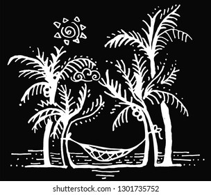 paradise, hammock hanging between palm trees dark background white outline