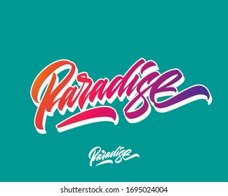 Paradise hand lettered logotype, badge typography icon. Colourful lettering paradise for greetings, invitation, media, advertising. Brushpen calligraphy with hand made font. Original vector design